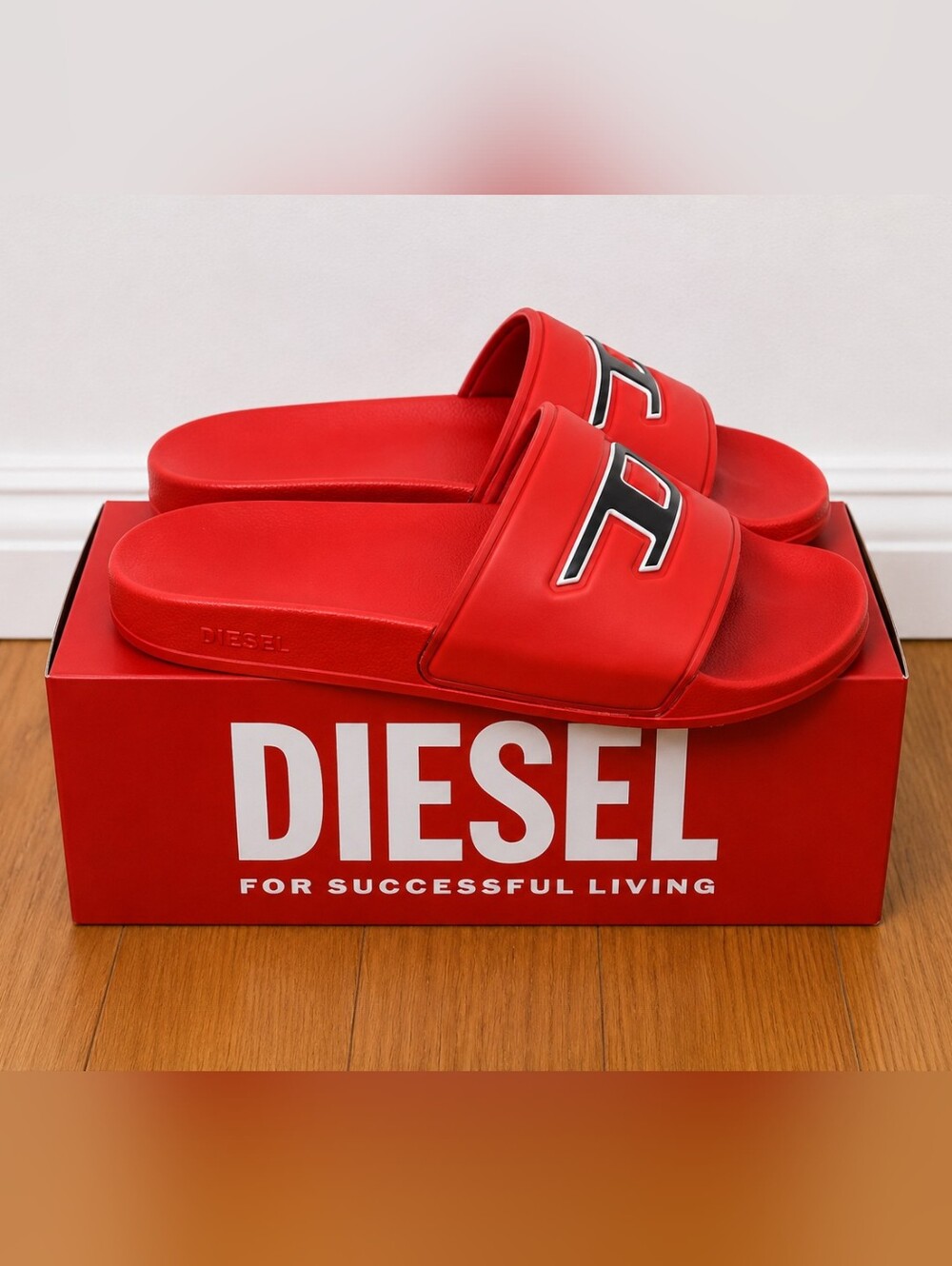 Diesel Red Slide Sandals with Black & White Logo Accent